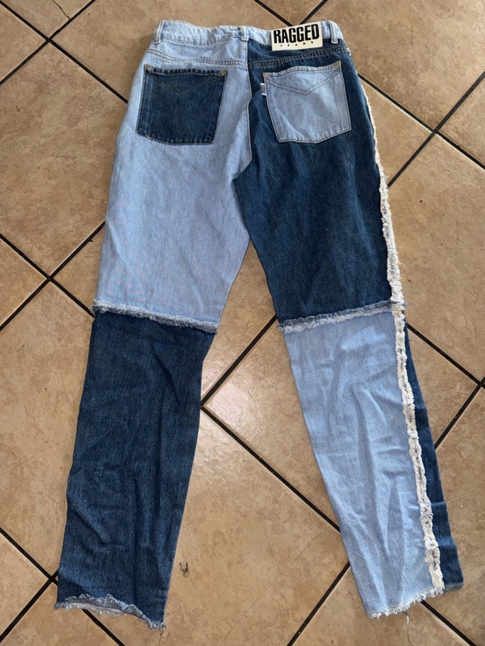 Two-Tone Straight Leg Patchwork Jeans - Light & Dark Blue - Picture 4 of 9